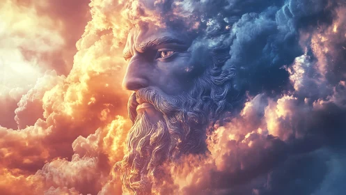 Mythic bearded face formed in swirling sunset clouds.