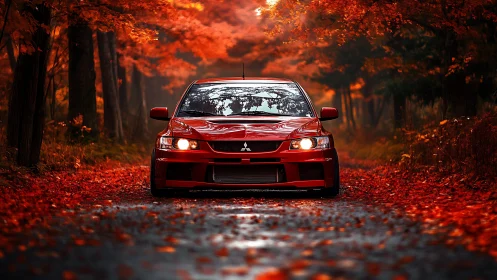 Red performance sedan framed by dense autumn foliage glow