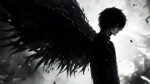 Monochrome winged boy in profile with dissolving black feathers