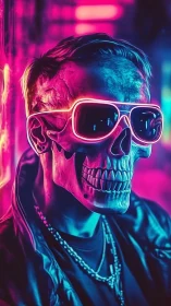 Neon skull figure in jacket with glowing sunglasses.