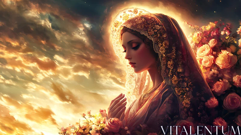 Radiant veiled woman in floral halo rendered as luminous digital icon