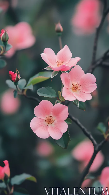 Delicate Rose Blossoms Dance Through Soft Green Bokeh.