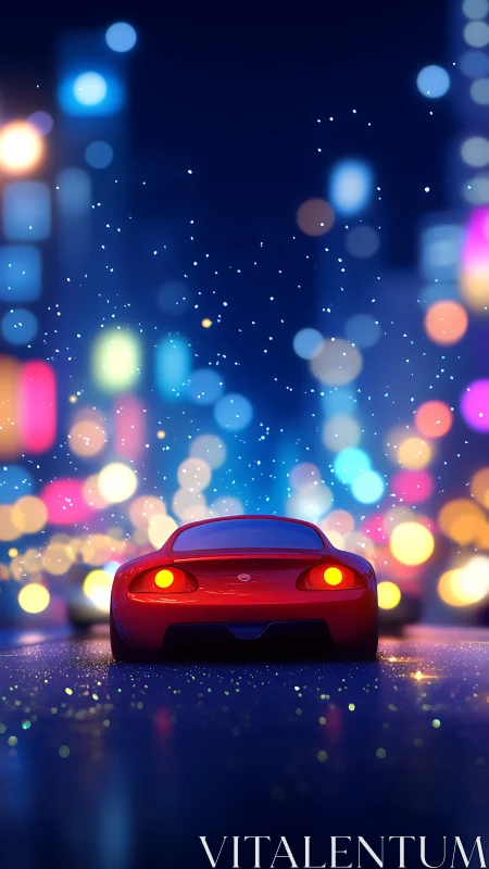 Red sports coupe under shallow depth bokeh in neon night city
