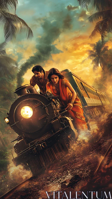 Steam locomotive with two riders in tropical dusk setting.