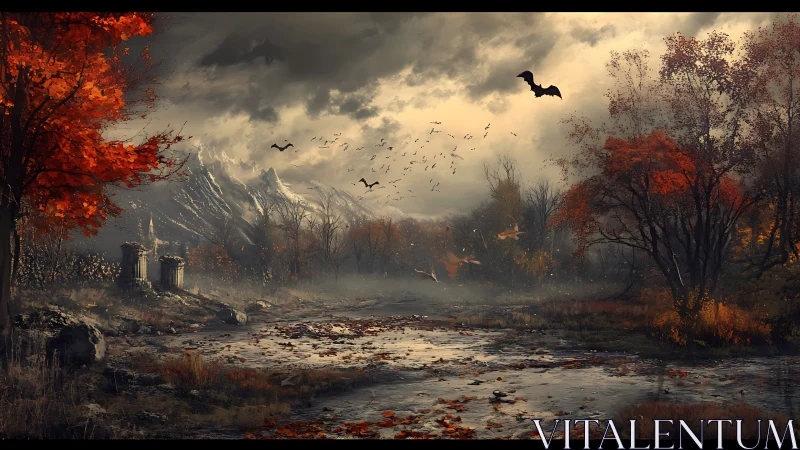 Autumn marshland with ruins, mist and circling dark birds.