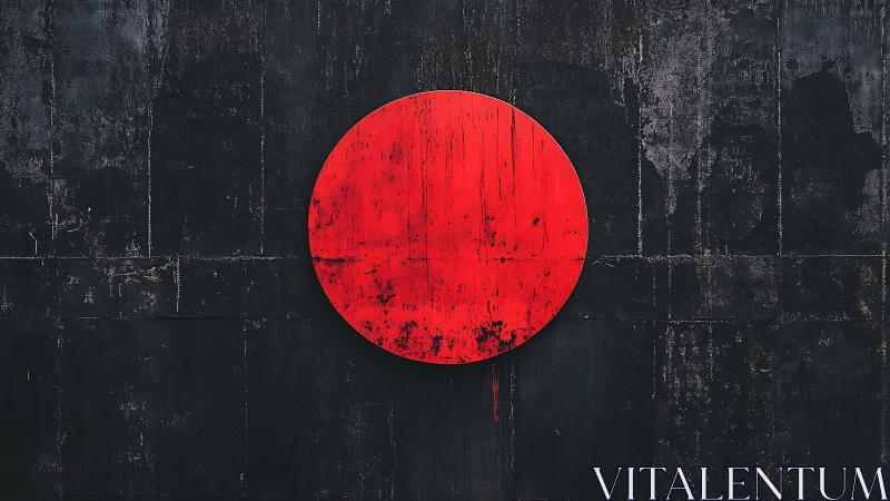 Red circular monolith contrasts against distressed dark wall