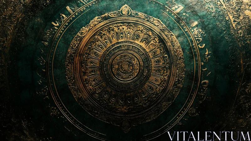 Ornate golden mandala seal on distressed emerald patina.