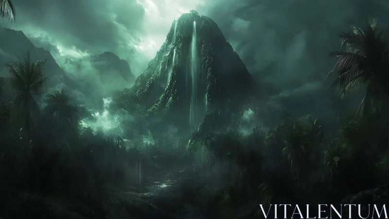 Atmospheric Tropical Landscape With Cascading Waterfall Formation