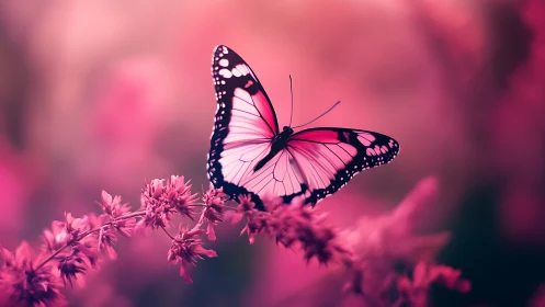 Butterfly rests on pink flower branch in shallow depth of field