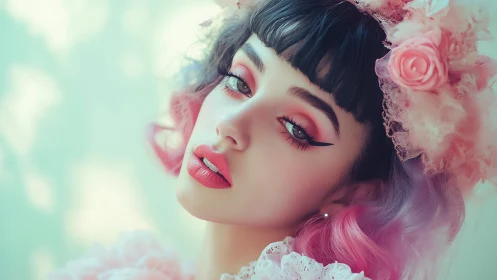 Portrait of stylized woman with pink floral headpiece.