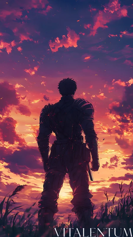 Twilight-armored wanderer weighs tomorrow beneath burning clouds