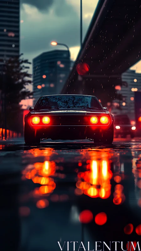 Retro sports coupe at dusk under elevated expressway, rain-soaked