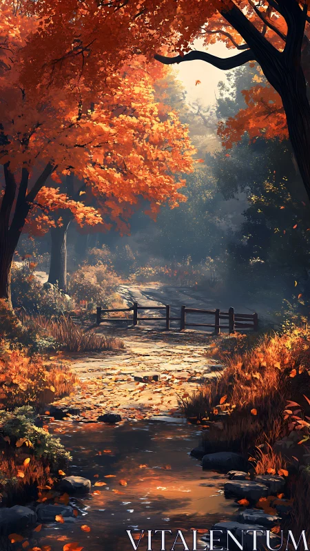 Golden autumn forest path by a gentle woodland stream.