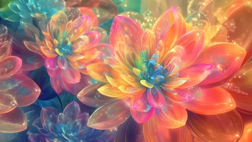 Digital rendering depicts layered multicolor luminous flowers
