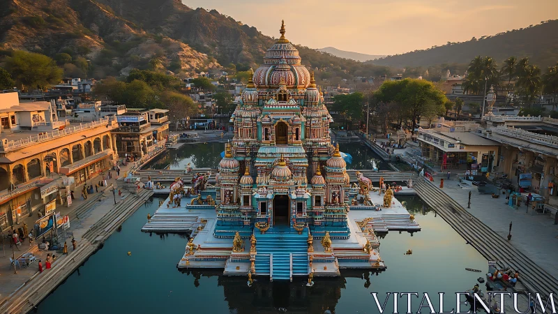 Symmetrical aerial view isolates ornate Hindu lakeside temple