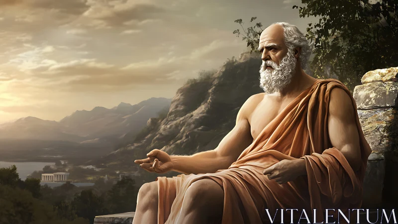 Elder philosopher in orange robe seated by rocky hillside.