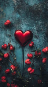 Red Heart Form Amid Crimson Tulip Arrangement Against Patinated Teal Surface.