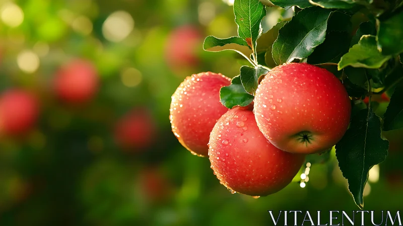 Ripe red apples with water droplets on tree branch.