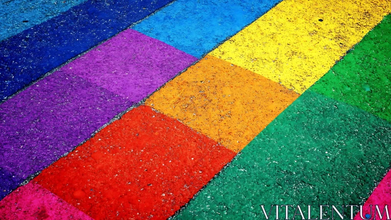 Bold rainbow street stripes with textured painted concrete.