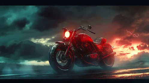 Stormlit crimson motorcycle on wet asphalt at dusk.