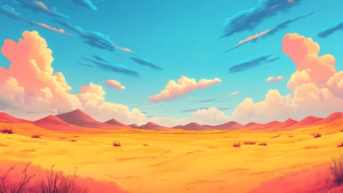Vibrant desert plain under towering pastel clouds at noon.