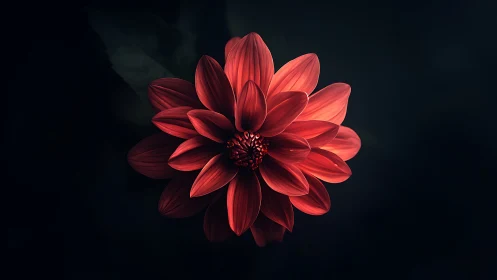 Luminous Red Dahlia with Volumetric Petals Against Darkened Background.