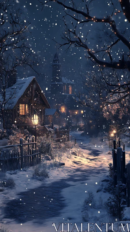 Snowy village lane with cottages and distant tower.