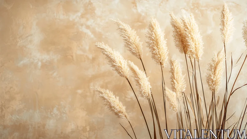 Dried pampas grass stems on warm beige textured wall background.