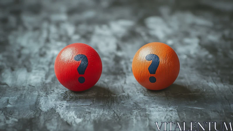 Color spheres with question marks on textured gray surface.