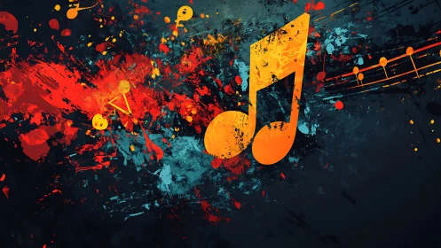 Bold orange music notes on chaotic abstract paint splash