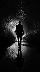 Silhouetted man walks into bright tunnel with mirrored reflection