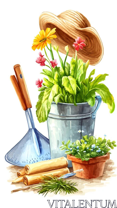 Still life shows gardening tools, metal bucket and potted plants