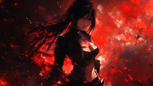 Dark-haired anime warrior stands amid blazing red storm.