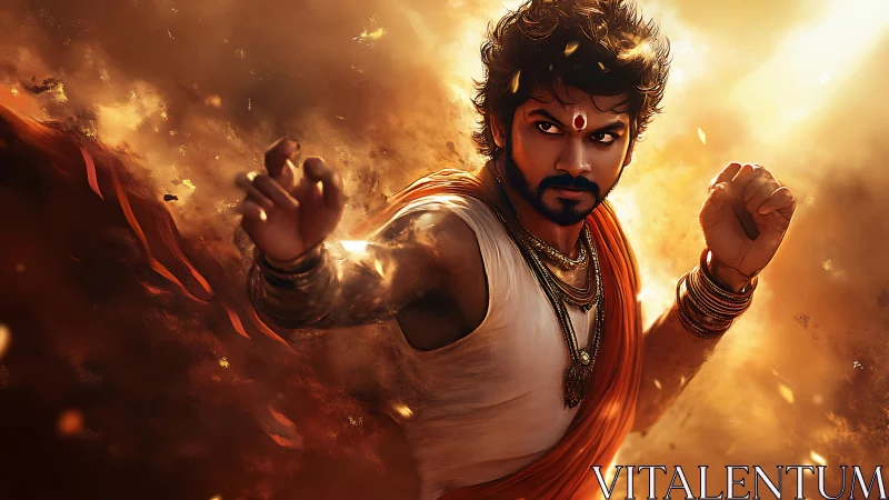 Warrior saint stands in swirling golden dust storm