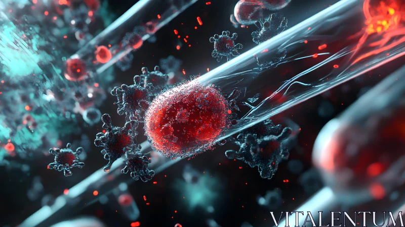 Microscopic Red Blood Cells and Viruses in Futuristic Digital Style.