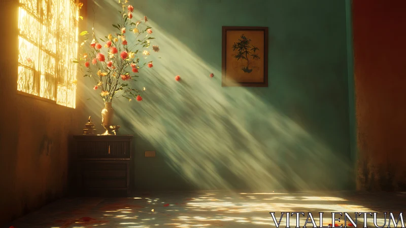 Golden morning light pours gently across a quiet floral room