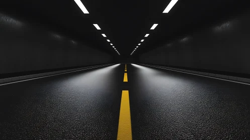 Quiet midnight tunnel road glowing with gentle white light.