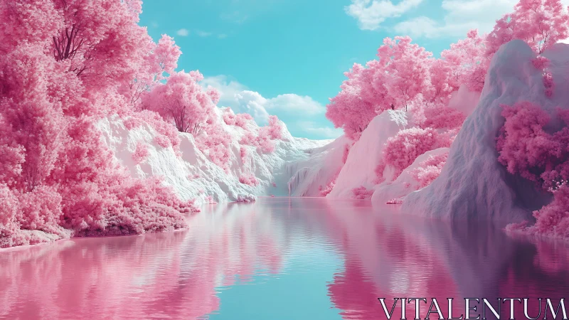 Infrared fantasy river valley with neon pink foliage rendering.