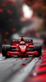 Red Formula race car drives forward on blurred racetrack