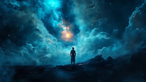 Lone cosmic wanderer beneath swirling blue starlit storm.