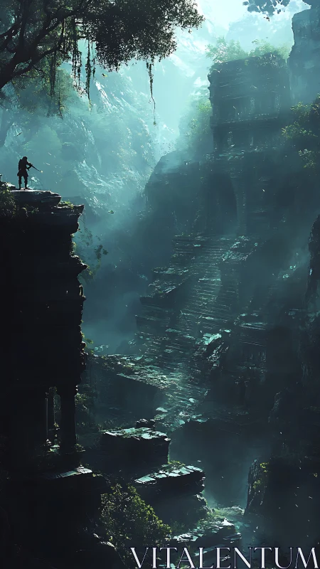 Lone explorer surveys misty jungle ruins at dawn