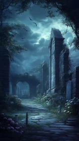 Moonlit graveyard path quietly rehearses forgotten stories