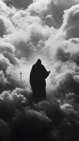 Silhouetted wanderer drifts upward through cathedral clouds