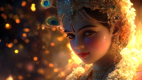 Divine-inspired woman in jeweled headdress amid warm light.