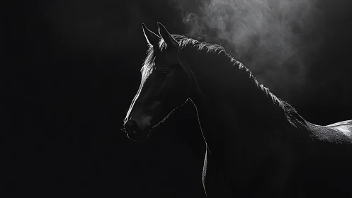 Midnight horse in gentle smoke and soft silver light.