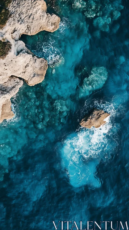 Aerial coastal cliffs and turquoise Mediterranean surfscape.