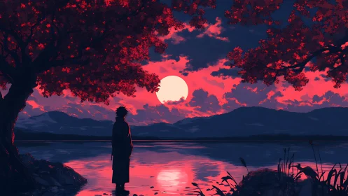 Solitary figure at lakeside under crimson dusk moonrise