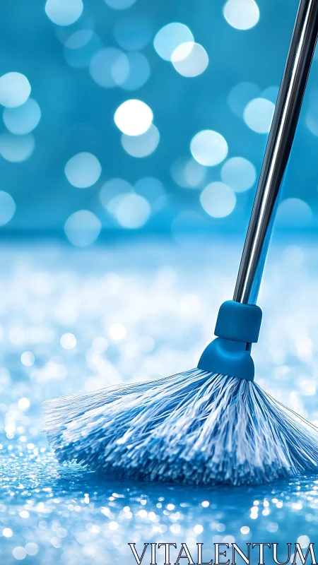 Blue cleaning mop on wet reflective floor in soft focus.