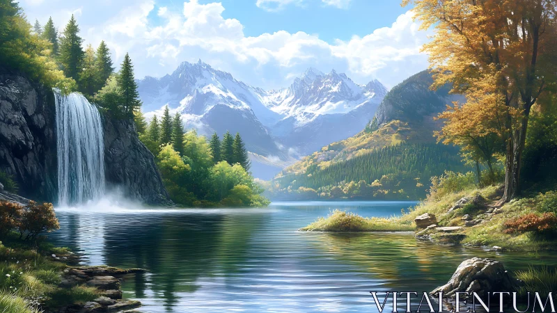 Gentle waterfall meets calm alpine lake under bright skies