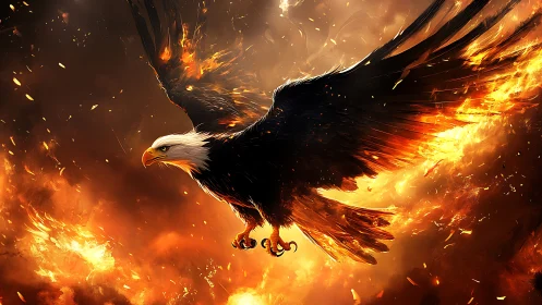 Majestic Bald Eagle Flying Through Flames in Dramatic Digital Art.